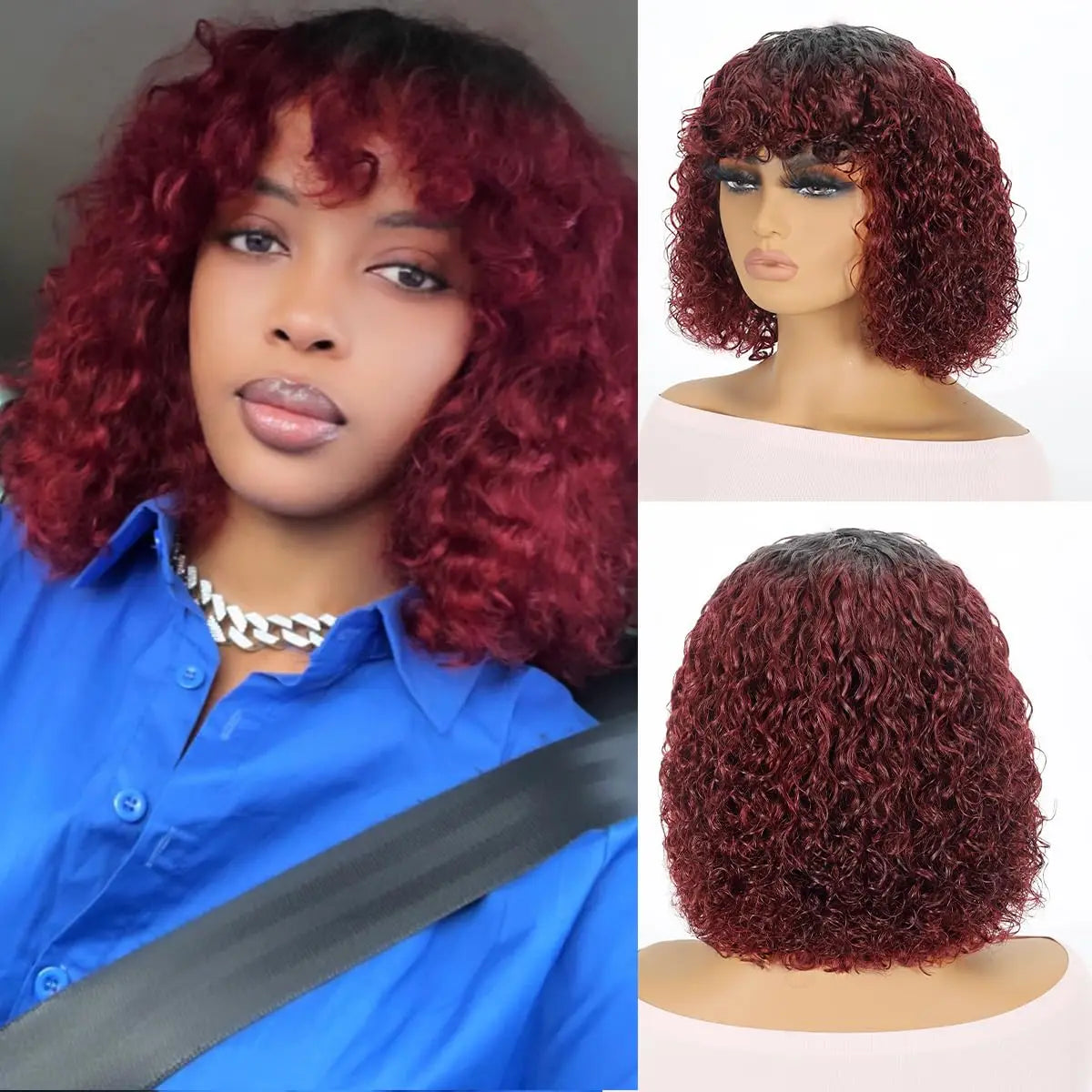 Ombre 99J & Blonde Jerry Curly Bob Wig with Bangs | Glueless "Wear to Go" Human Hair Luxegan