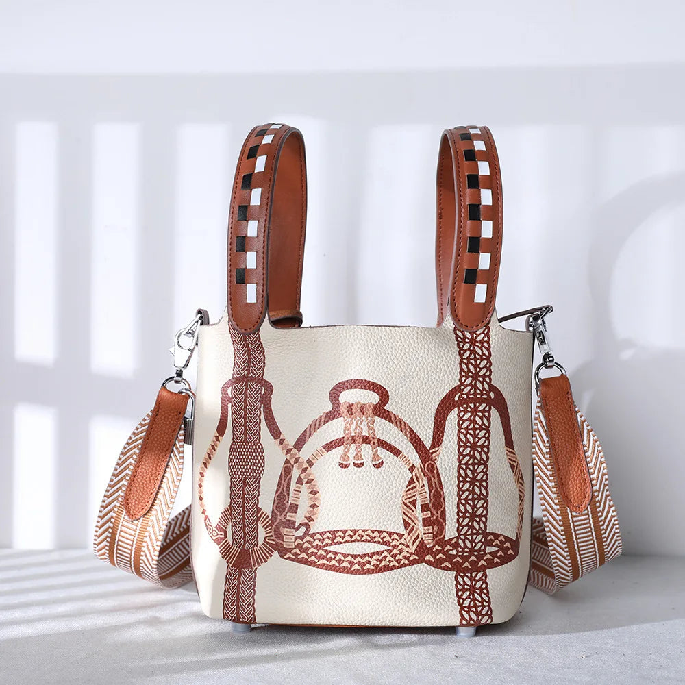 Premium Painting Vegetable Basket Handbag | First Layer Cowhide Genuine Leather Bucket Bag | Artistic Geometric Pattern Tote with Adjustable Strap | Elegant Daily Matching Fashion Purse Luxegan