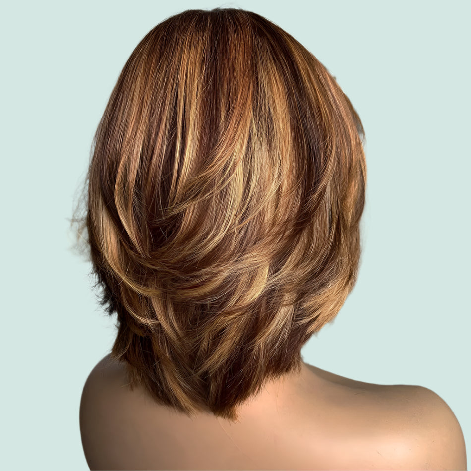 Honey Blonde Highlight Bob Wig with Bangs - Brazilian Remy Human Hair Scalp Top Wig