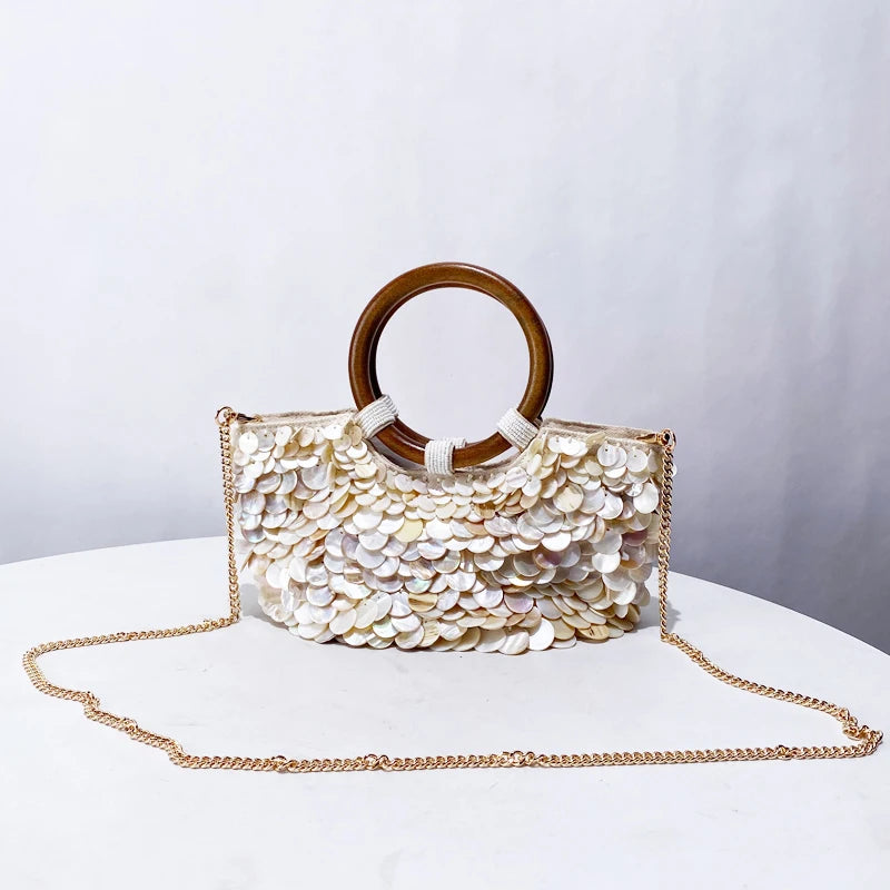 Small Shell Evening Bags for Women | Luxury Designer Handbag Purses & New Canvas Inlaid Acrylic Wooden Handle Chain Shoulder Bag Luxegab
