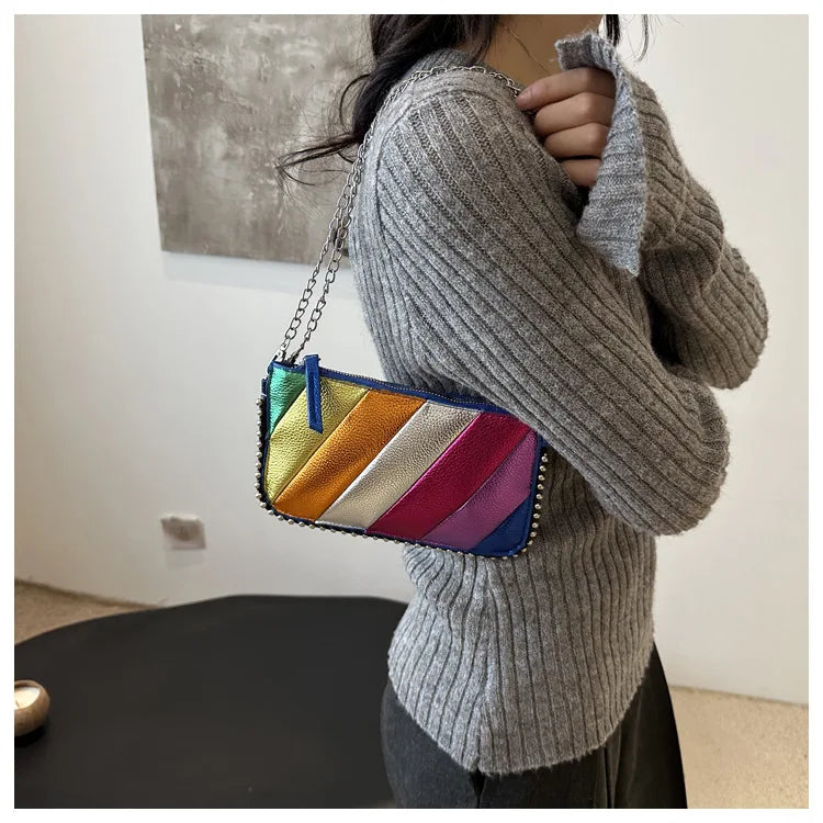 Fashion Trend Contrast Rainbow Splice Shoulder Bag | Designer Rivet Crossbody Handbag | Colorful Twill Chain Flap Bag Luxegan