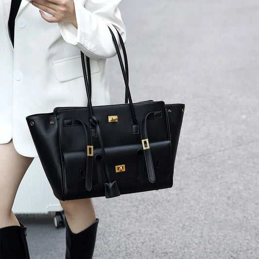 Luxury Winged Genuine Leather Tote | Sophisticated Brand-Texture Lock Handbag | Elegant Simple Horizontal Square Bag | "Dignified" Soft Commuter Handbag for Versatile Fashion Styling Luxegan