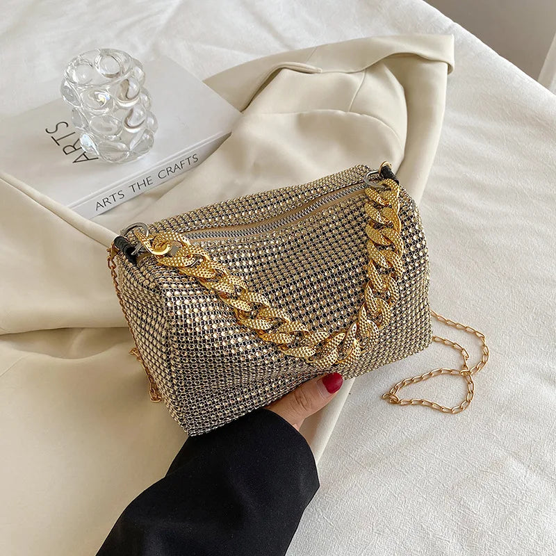 ABS Pillow Shaped Bucket Bag | Moderate Hardness Allover Rhinestone Glitter Chain Crossbody Luxegan