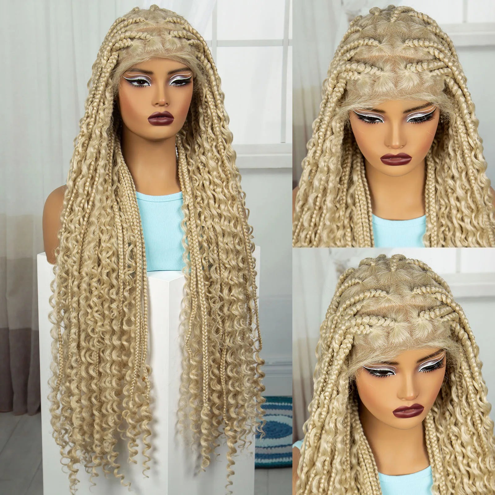 36 Inch Boho Knotless Box Braids Full Lace Wig | Transparent Lace Synthetic Braided Wig with Curly Ends Luxegan