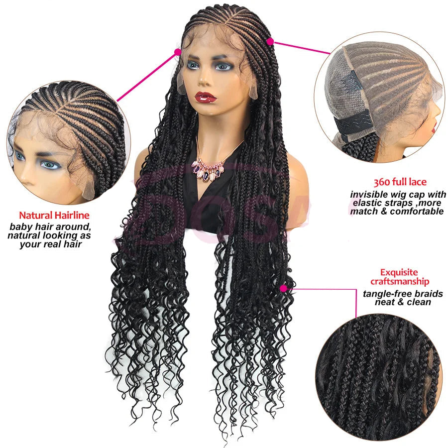 36" Boho Knotless Box Braids Wig | Full Lace | Cornrows & Curly Ends | Synthetic Braided Wig