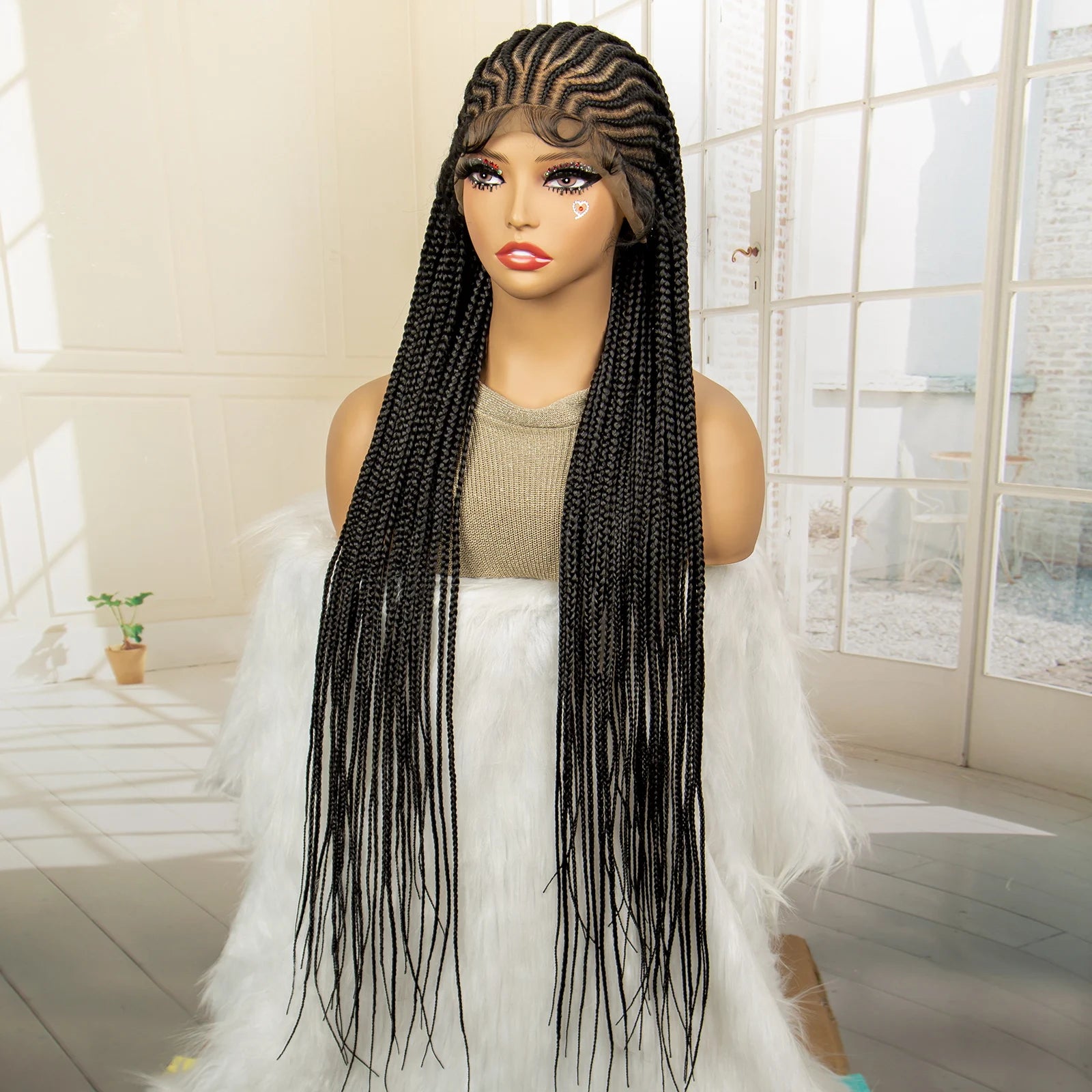 34" Handmade Cornrow & Box Braids Wig | HD Full Lace | Knotless Braids | Synthetic Hair | Black Women
