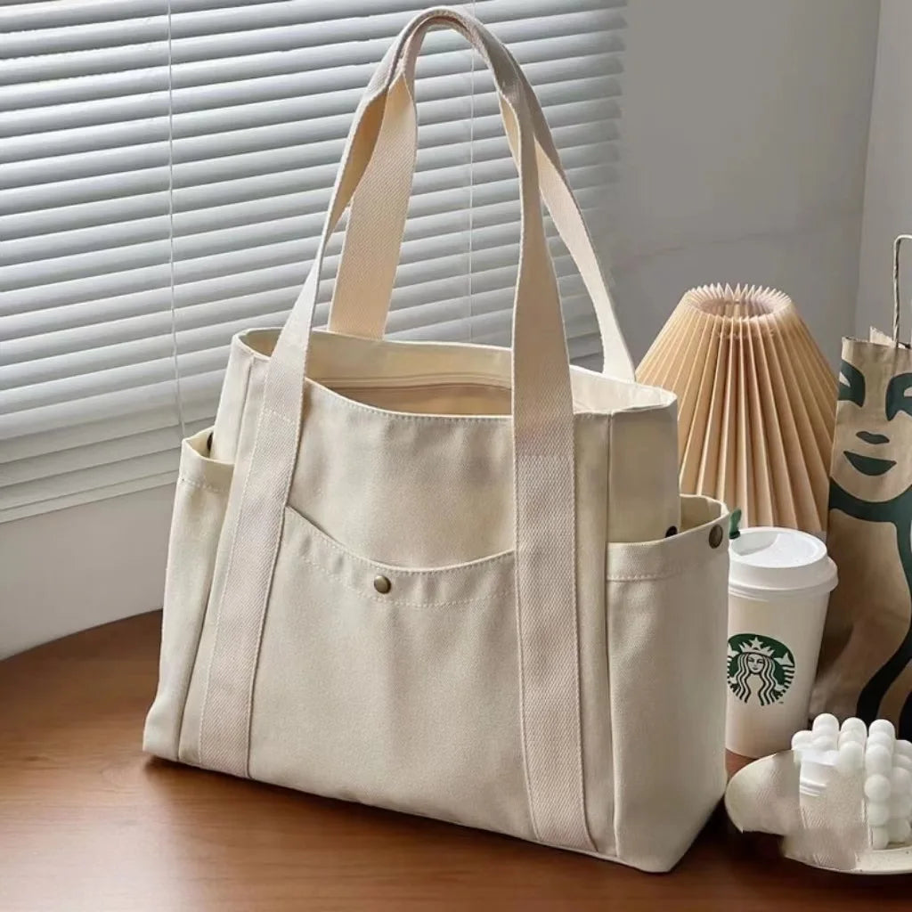 Large Capacity Canvas Commuter Tote | Solid Color Zipper Handbag Luxegan