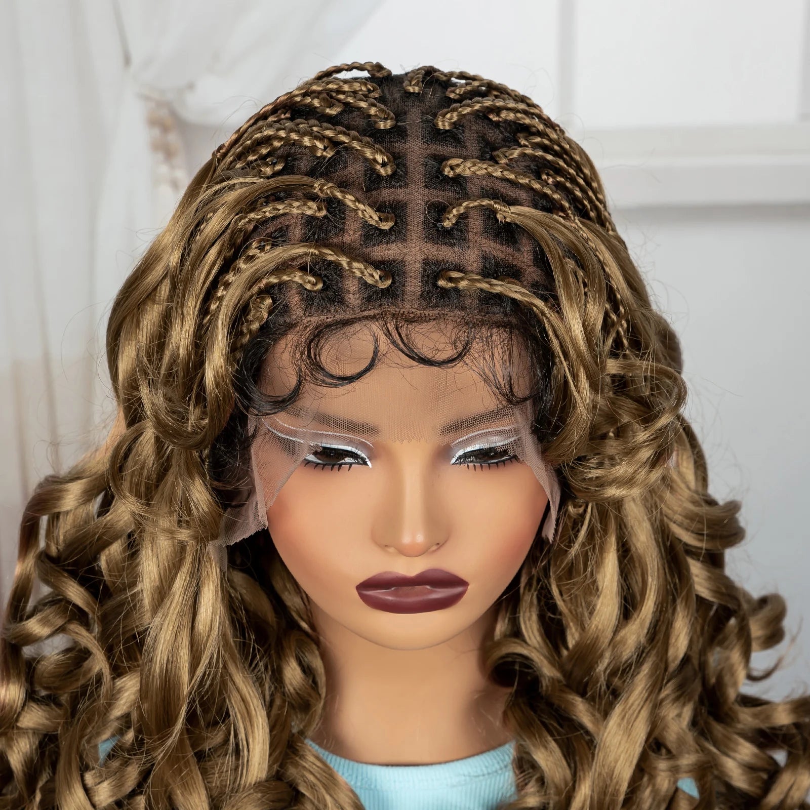 18" #27 Ombre Bouncy Wavy Braided Wig with Bangs | Knotless Box Braids | Full Lace Synthetic Wig with Baby Hair Luxegan