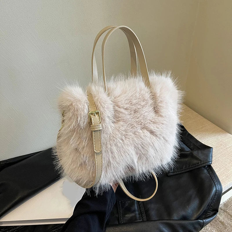 Faux Fur Tote Bag Women's | Bucket Plush Luxury Design Ladies Handbags & Soft Winter Crossbody Shoulder Bags (Bolsa Feminina) Luxegan