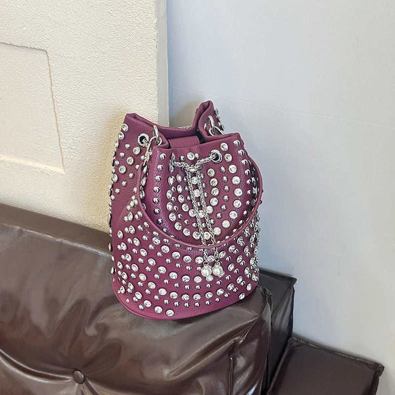 Studded Punk Rock Bucket Bag for Women | Pearl Charm Drawstring Leather Shoulder Bag | Premium Rhinestone Crossbody Purse | Autumn & Winter Solid Color Moderate Hardness Tote Model A Luxegan
