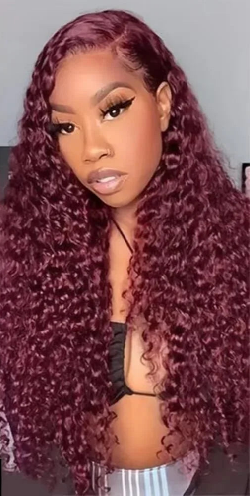 30" Curly Burgundy & Chocolate Brown 13x6 HD Lace Frontal Wig | 99J Colored Human Hair Wig for Women | Deep Wave Luxegan