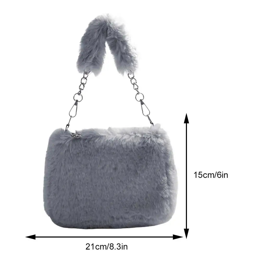 Fuzzy Plush Top Handle Bag | Soft Faux Fur Chain Crossbody Luxegan