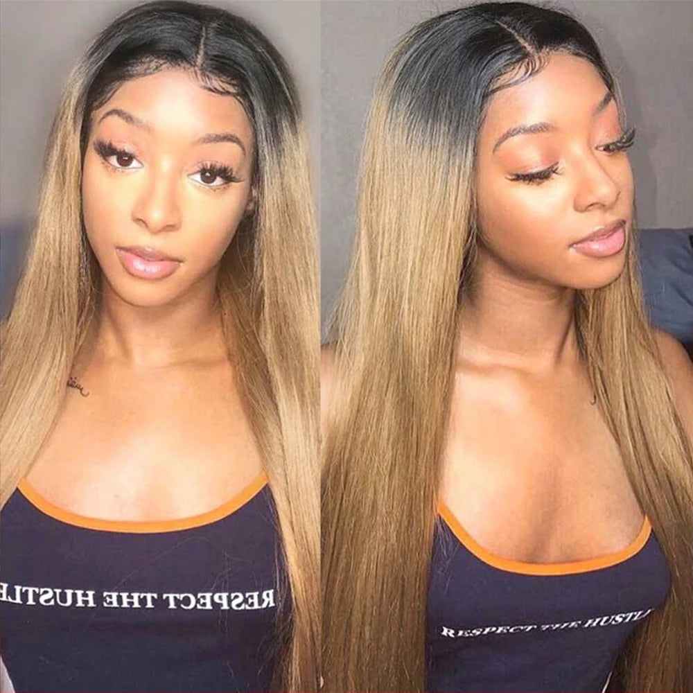 Ombre Honey Blonde & 1B/30 Straight 4x4 Lace Closure Wig | 150% Density Middle Part Remy Human Hair Luxegan