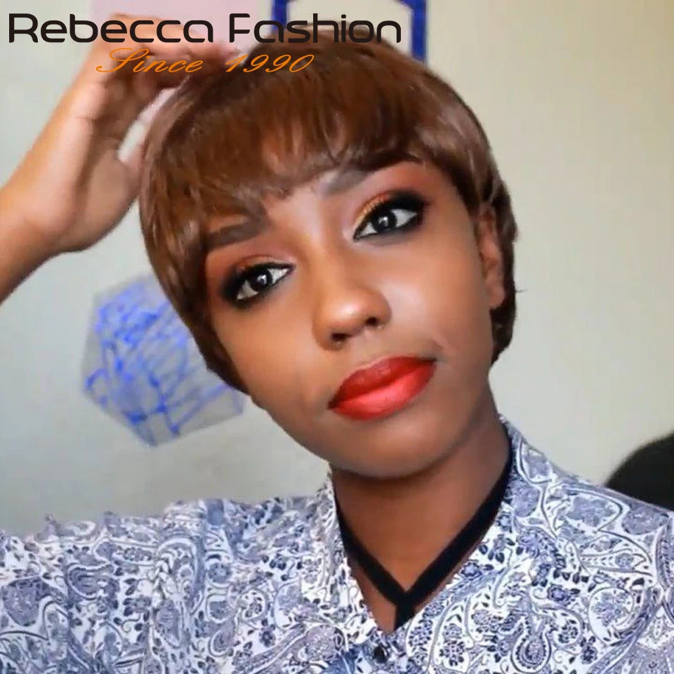 Rebecca Pixie Cut Wig | Brown Remy Human Hair with Bangs & Romace Curl