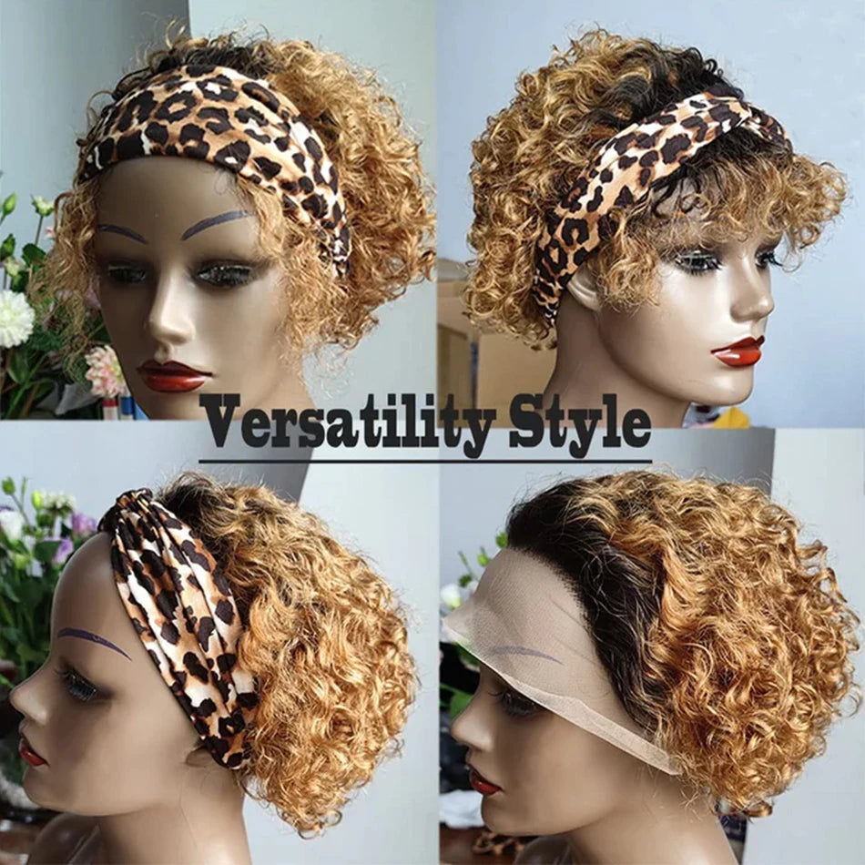 Ombre 1B/27 Pixie Cut Wigs Human Hair Curly Brazilian Virgin Hair 13x1 Transparent Lace Front Short Bob 180% Density