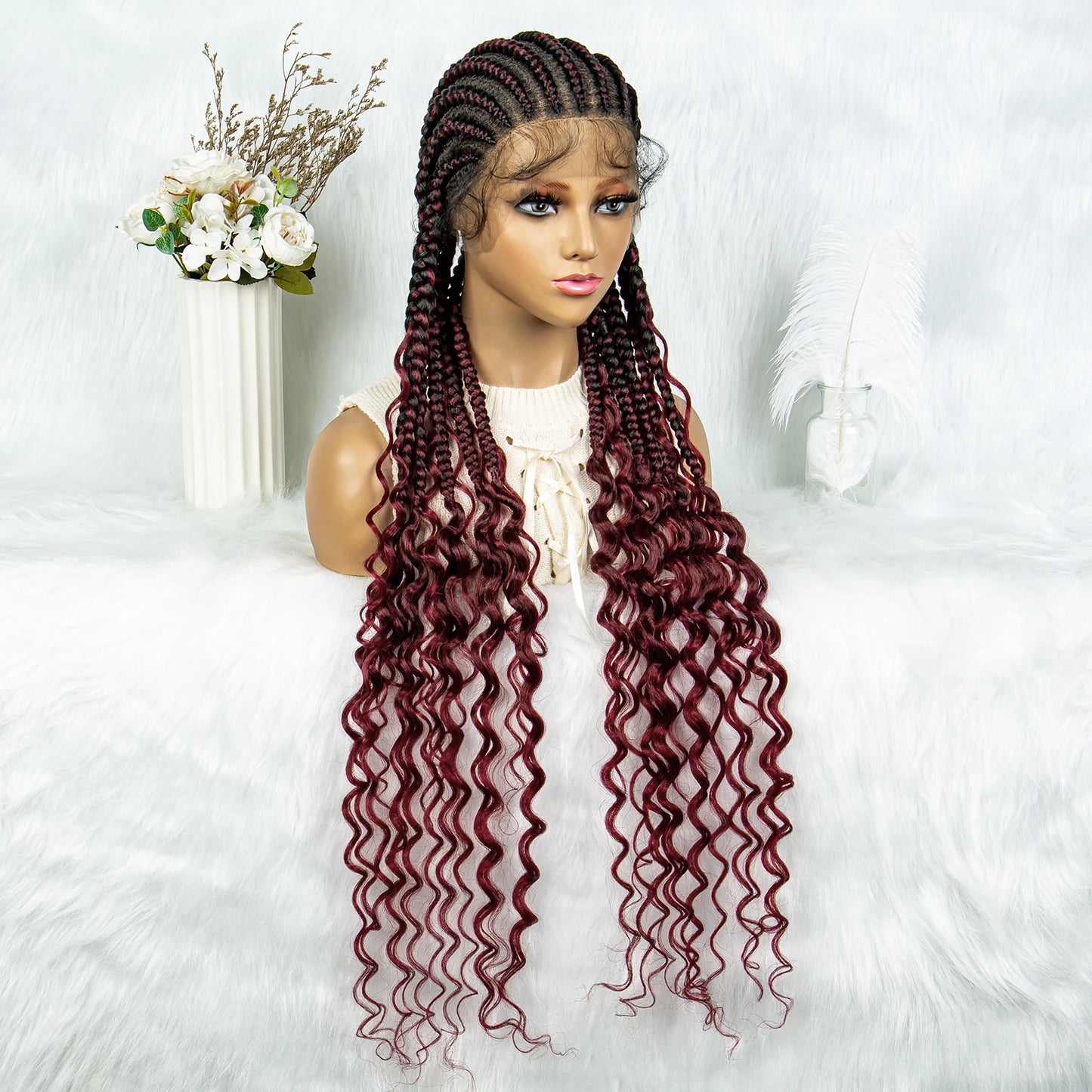 2024 KIMA Cornrow Water Wavy Braided Full Lace Wig with Baby Hair | Synthetic African Braid Lace Front Wig Luxegan