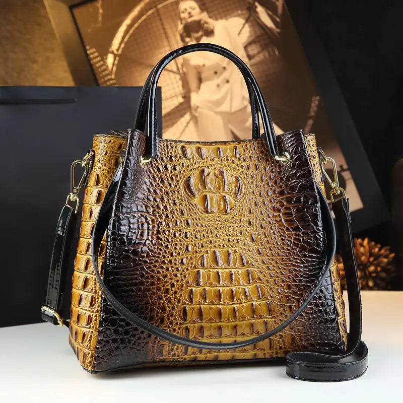 Genuine Leather Crocodile Print Bucket Bag | Vintage Tote & Messenger Luxegan