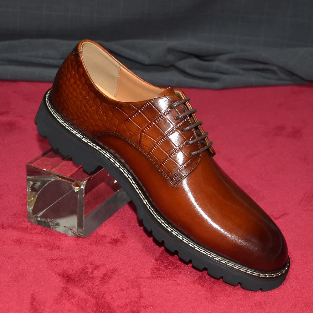 Designer Men's Genuine Leather Casual Derby Shoes | Crocodile Print Business & Social Sneakers (Height Increasing) Luxegan