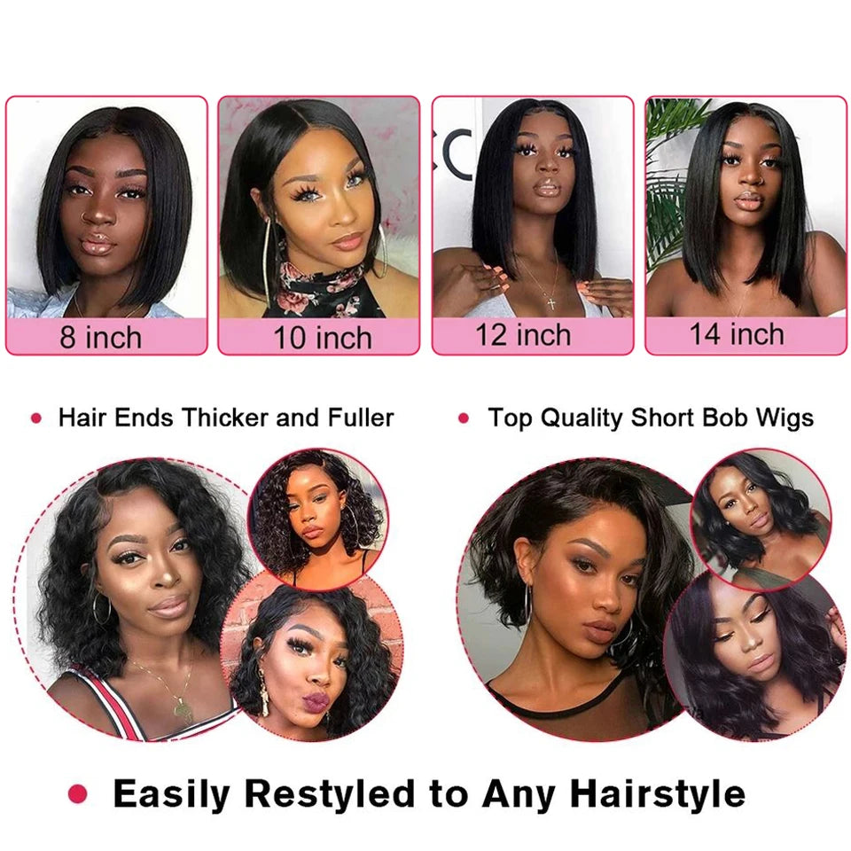 Glueless 13x4 Straight Lace Front Bob Wig Pre-Plucked 4x4 Closure Brazilian Remy Human Hair Bone Straight Short Bob