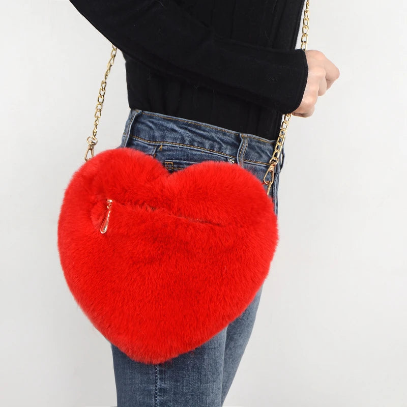 Corduroy Floral Casual Tote | Soft Cute Heart-Shaped Faux Fur Chain Shoulder Bag Luxegan