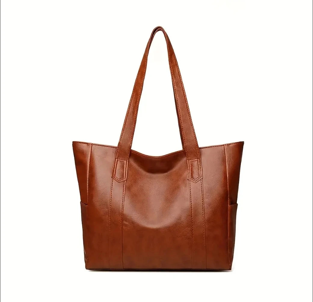 Women’s Vintage PU Leather Large Capacity Tote | Structured Box Shoulder Bag & Crossbody | Minimalist Synthetic Leather Travel Handbag Luxegan