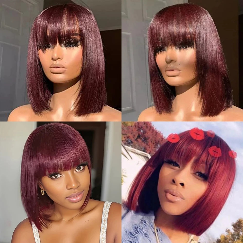 Silky Straight Bob Wig with Bangs | 100% Human Hair Full Machine Made (8-12 Inch) Luxegan