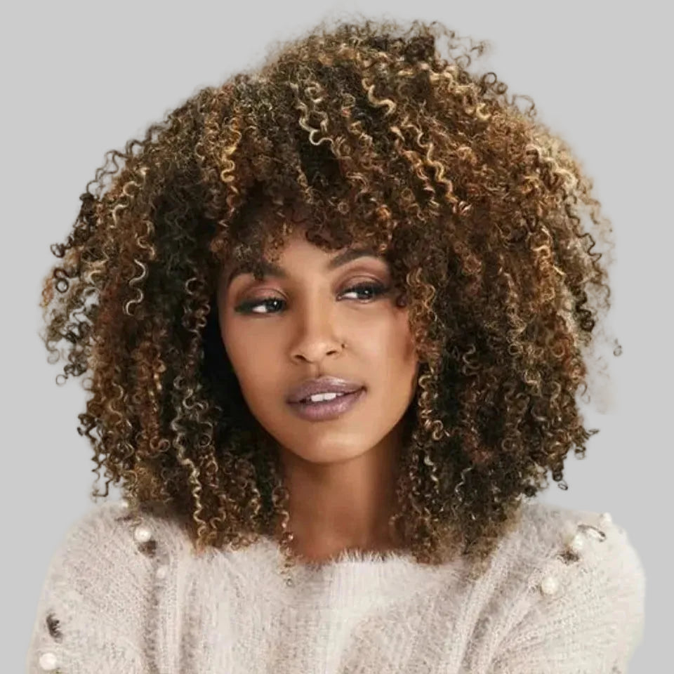 Ginger Highlight Afro Kinky Curly Human Hair Bob Wig with Bangs - 250% Density Full Machine-Made Glueless Short Wig - 100% Brazilian Remy Human Hair P4/27 & Ginger Jerry Curly Fringe Wig for Women Luxegan