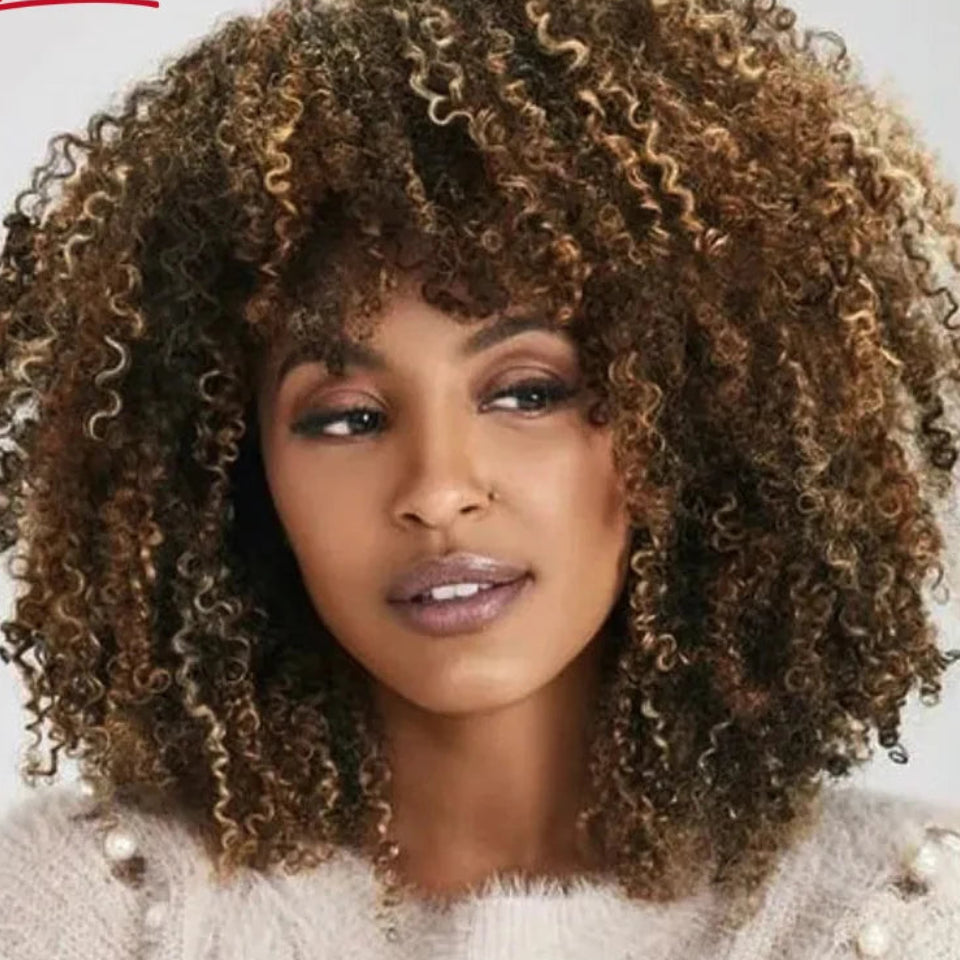 Highlight P4/27 Afro Kinky Curly Human Hair Bob Wig with Bangs - 250% Density Full Machine-Made Glueless Short Wig - 100% Brazilian Remy Human Hair Mix Brown & T1B/30 Jerry Curly Fringe Wig for Women (Fast Shipping) Luxegan