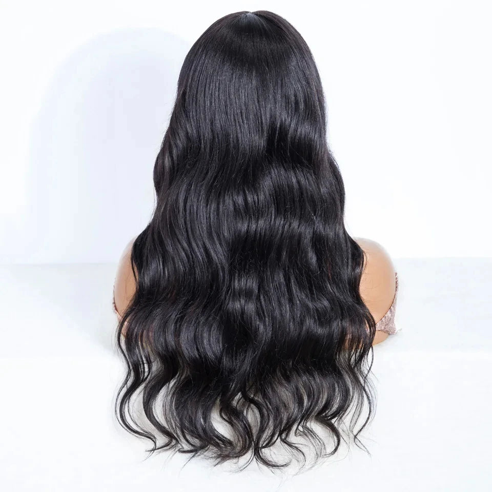 Natural Color 22" Body Wave Wig with Bangs | 180% Density Remy Human Hair Middle Part Lace Luxegan