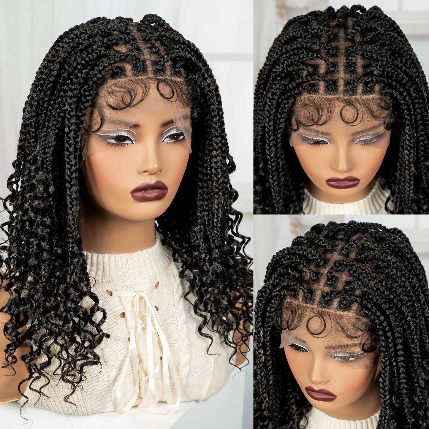 Knotless Box Boho Braided Wig with Curly Ends | Short Bob Style | Full Lace Synthetic Wig for Black Women Luxegan