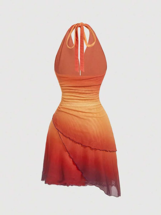 Gradient Bow Tie Strap Asymmetrical Dress | Sexy Sweetheart Neck Backless Spaghetti Strap Dress | Premium Medium-Stretch Slim Fit Sheath Dress | Fashionable Mid-Calf Knee-Length Summer Vestido Luxegan