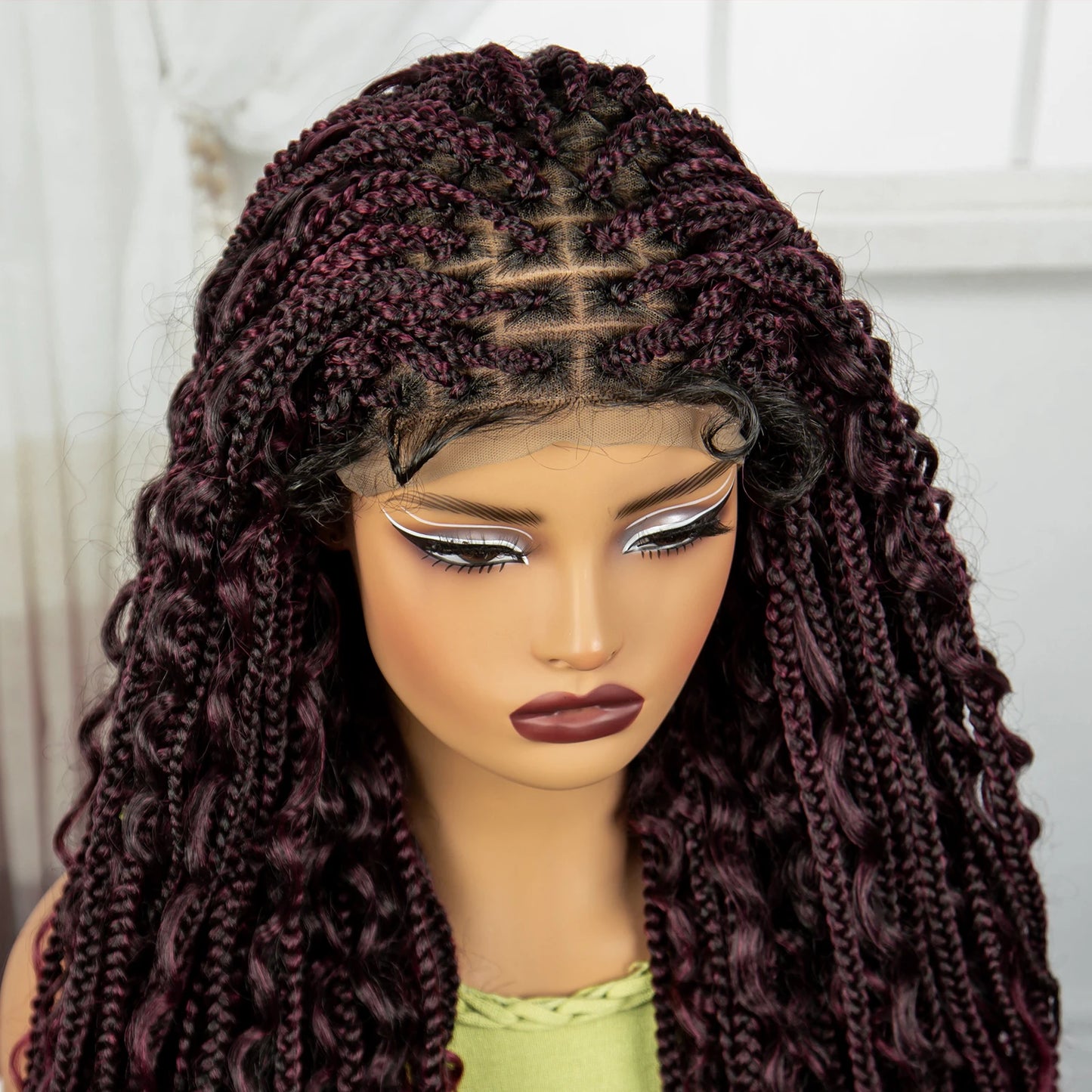 Burgundy Boho Knotless Braids Wig | Curly Ends | Lace Front | Baby Hair Luxegan