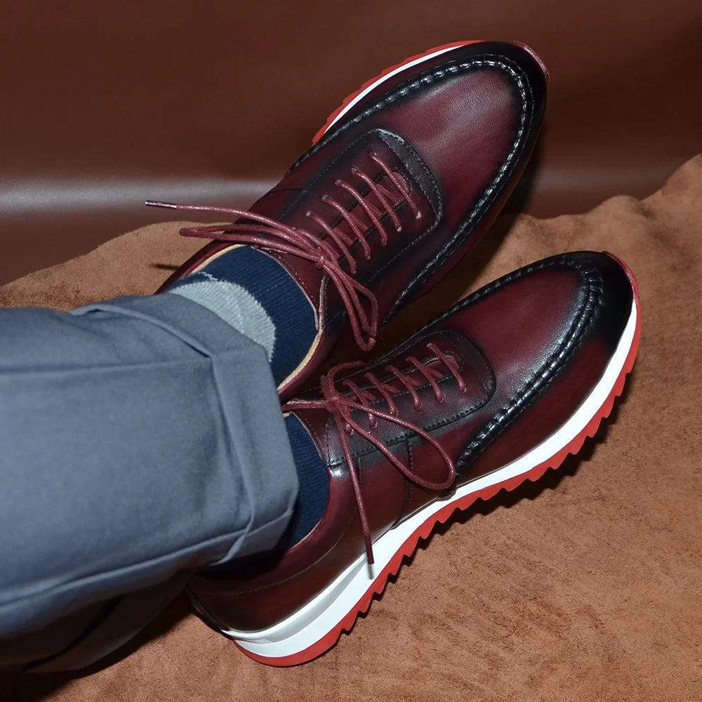 Classy Men's Genuine Leather Low Top Sneakers | Red Bottom Lace-Up Casual Dress Shoes (Breathable) Luxegan