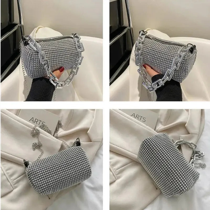 ABS Pillow Shaped Bucket Bag | Moderate Hardness Allover Rhinestone Glitter Chain Crossbody Luxegan