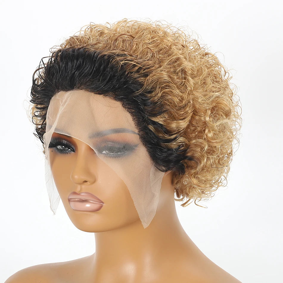 Ombre 1B/27 Pixie Cut Wigs Human Hair Curly Brazilian Virgin Hair 13x1 Transparent Lace Front Short Bob 180% Density