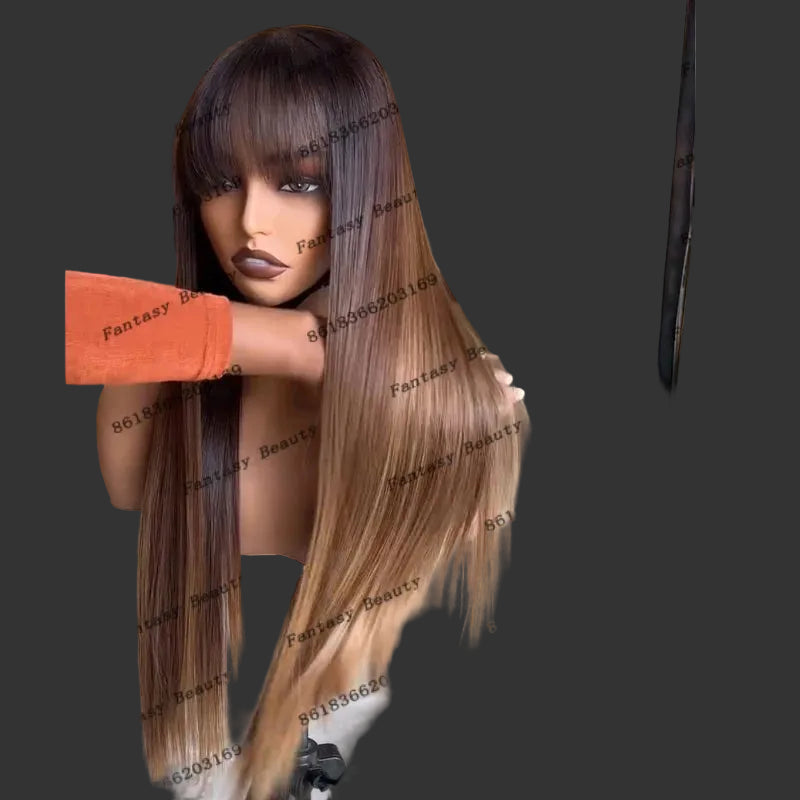 Long Silky Straight Ombre Golden Brown HD Lace Wig | Sophisticated 13x6 & 5x5 Transparent Lace | Elegant "Remy Human Hair" Silhouette | "Dignified" Glueless 18-24 Inch Natural Straight for Radiant Versatile Styling Luxegan