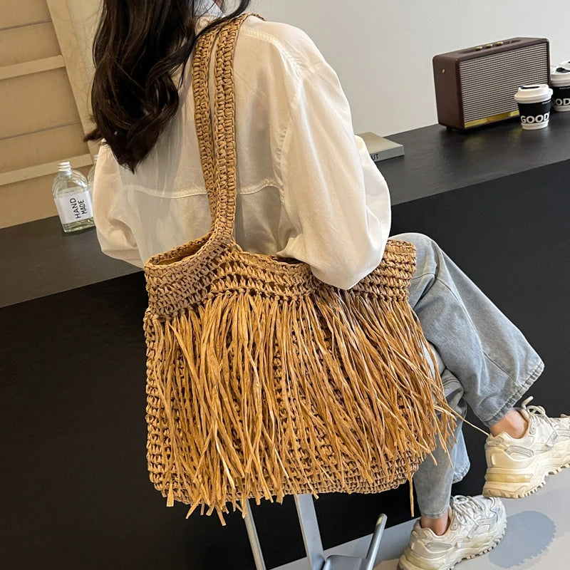 Bohemian Tassel Woven Bag | Handmade Straw Tote & Shopper Luxegan