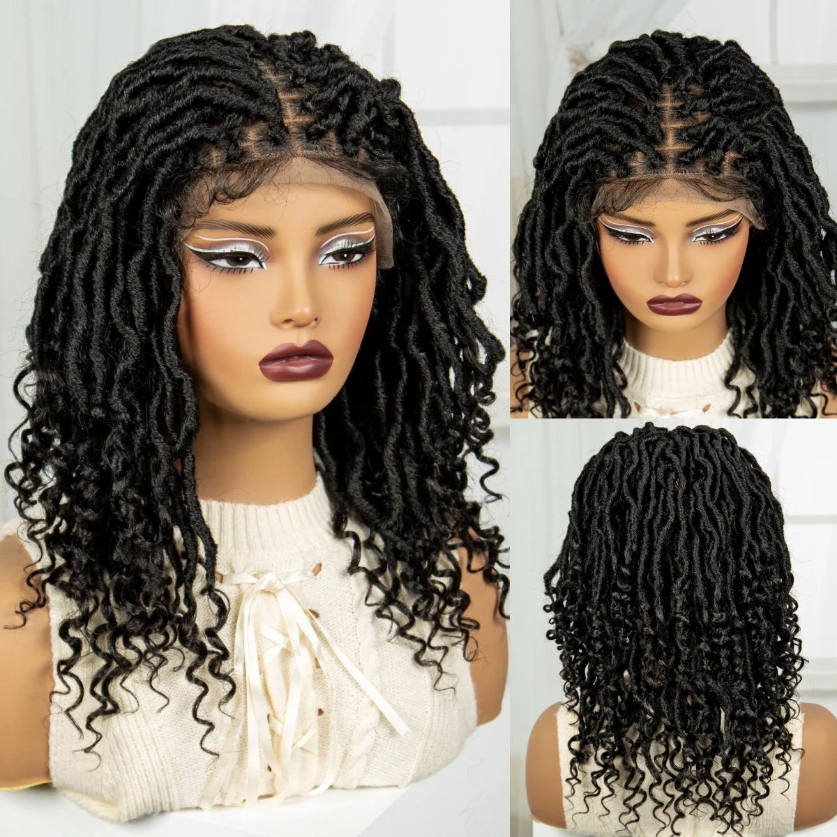 Curly Ends Dreadlock Braided Wig | Synthetic Lace Front Goddess Locs Braid Wig with Baby Hair | Faux Locs Wig for Black Women Luxegan
