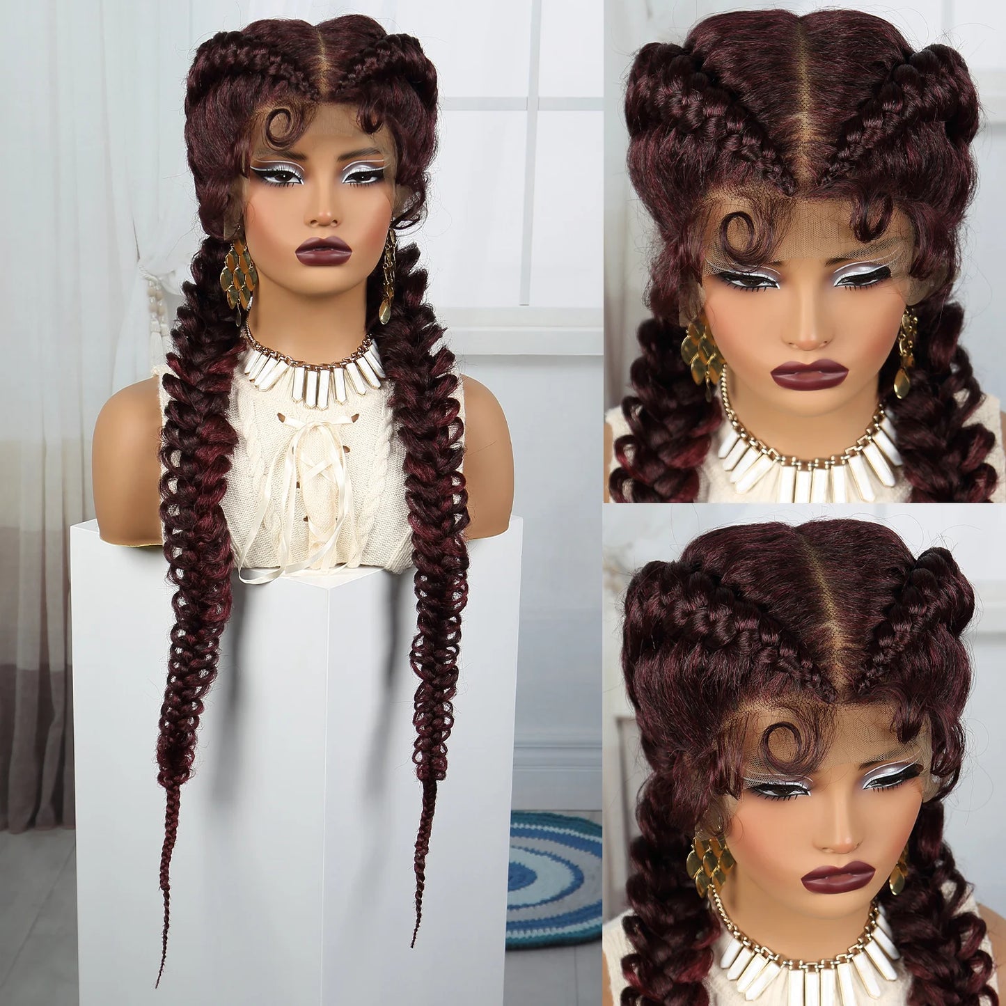 36" Burgundy Twist Cornrow Braids Wig | 99J | Lace Frontal | Baby Hair Luxegan