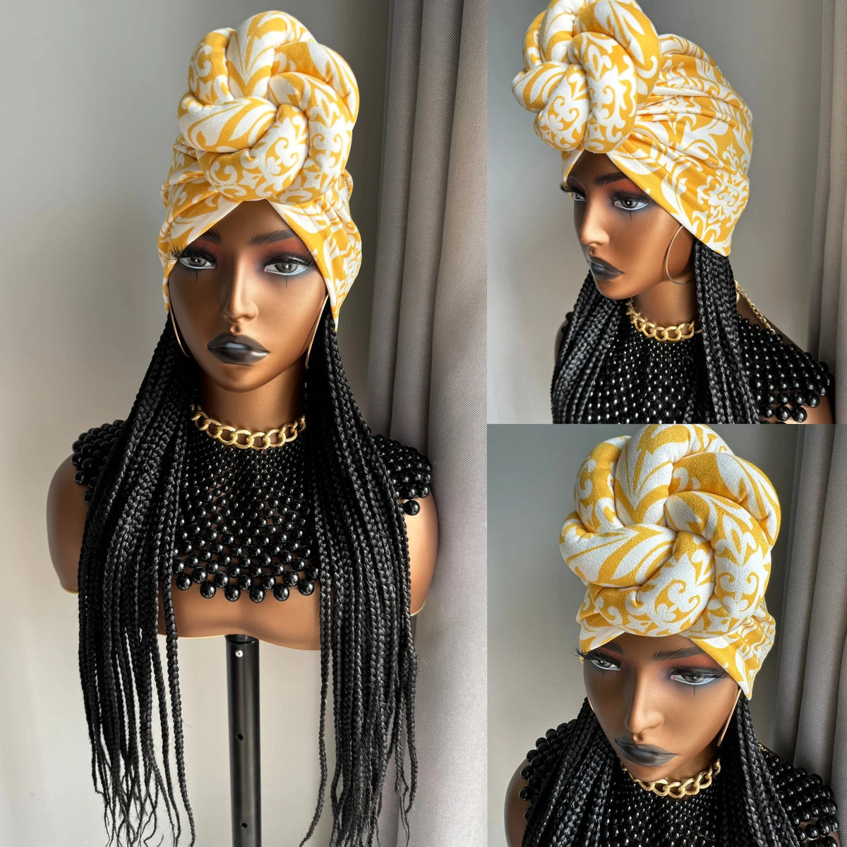 WIGERA Long 24“ Black Box Braided Synthetic Wig With Headband Turban Hat Box Braiding Hair Extensions Head Scarf Wigs For Women Luxegan