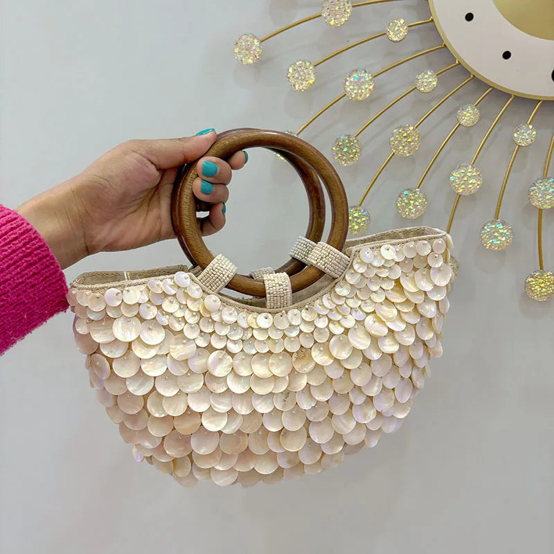 NEW Wood Top-Handle White Crystal Clutch Bag | High Quality Women's Wedding Hand Woven Handbags & Fashion Bags Luxegan