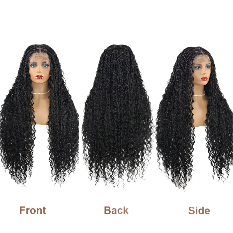 Burgundy Boho Box Braids Wig | Curly Goddess Locs | Full Lace Front | Synthetic Hair | Women