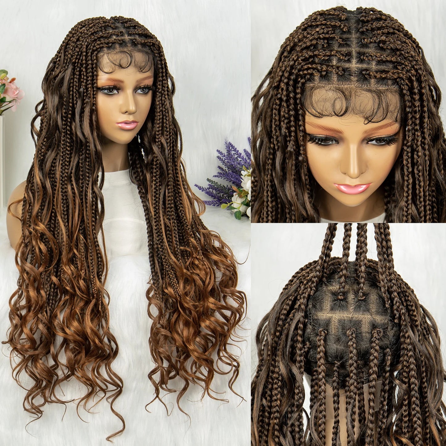 34" Full Lace Knotless Braided Wig with Baby Hair | Synthetic Lace Front Wig for Black Women | Long Braids Luxegan