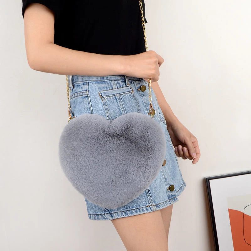 Corduroy Floral Casual Tote | Soft Cute Heart-Shaped Faux Fur Chain Shoulder Bag Luxegan