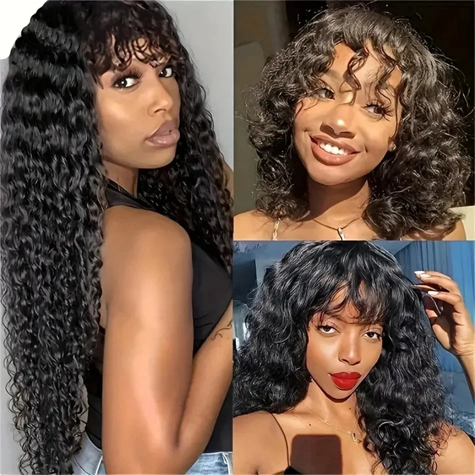 30 Inch Loose Water Wave Wig with Bangs | Full Machine Made Brazilian Remy Human Hair (Natural, All Colors Dyeable) Luxegan