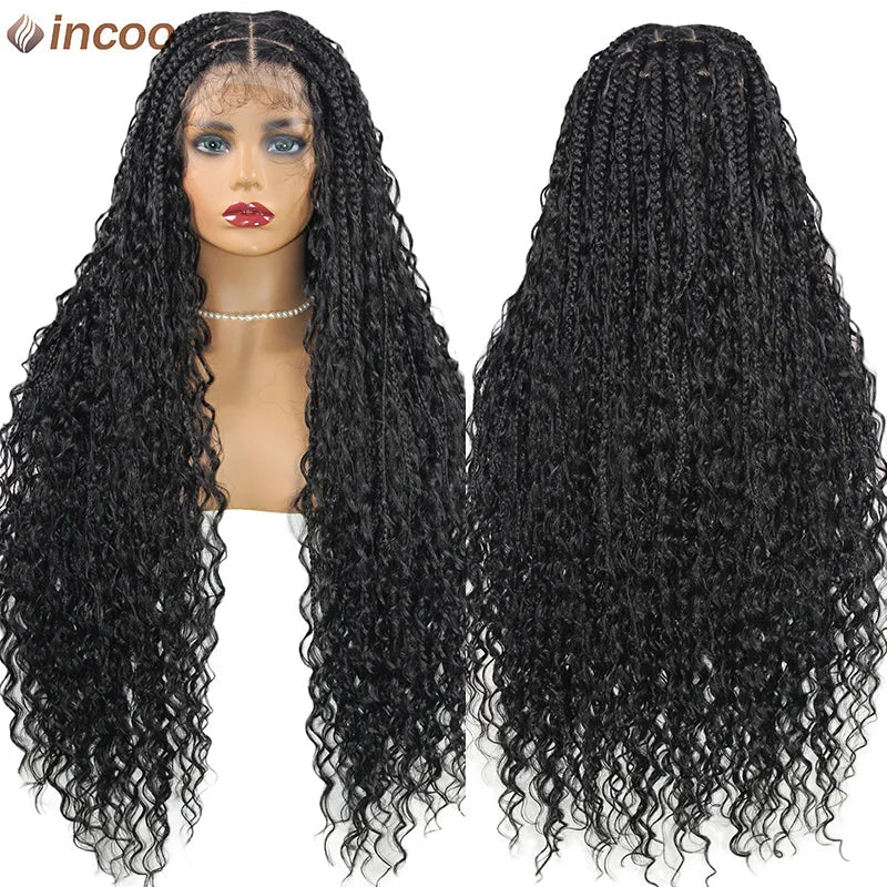 Long 32 Boho Braided Full Lace Front Wigs Synthetic Blonde Curly Goddess Locs Cornrows Wigs Pre Plucked Baby Hair Box Braids Wig Luxegan