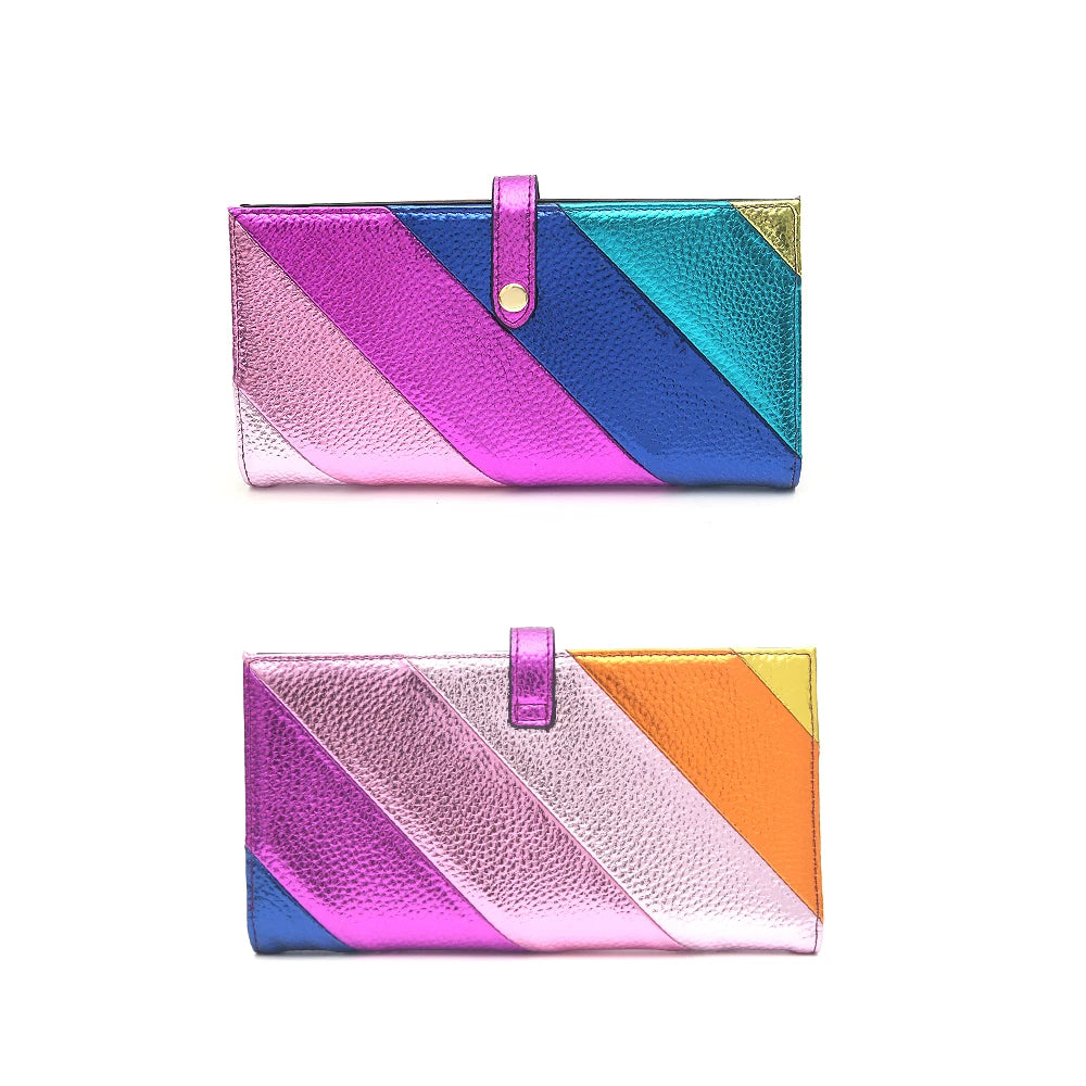 Women’s Fashion Metallic Vegan Leather Wallet | Multicolor Stripe Patchwork Long Purse | Bifold Standard Moneybag with Card Slots & Zipper Coin Pocket Luxegan