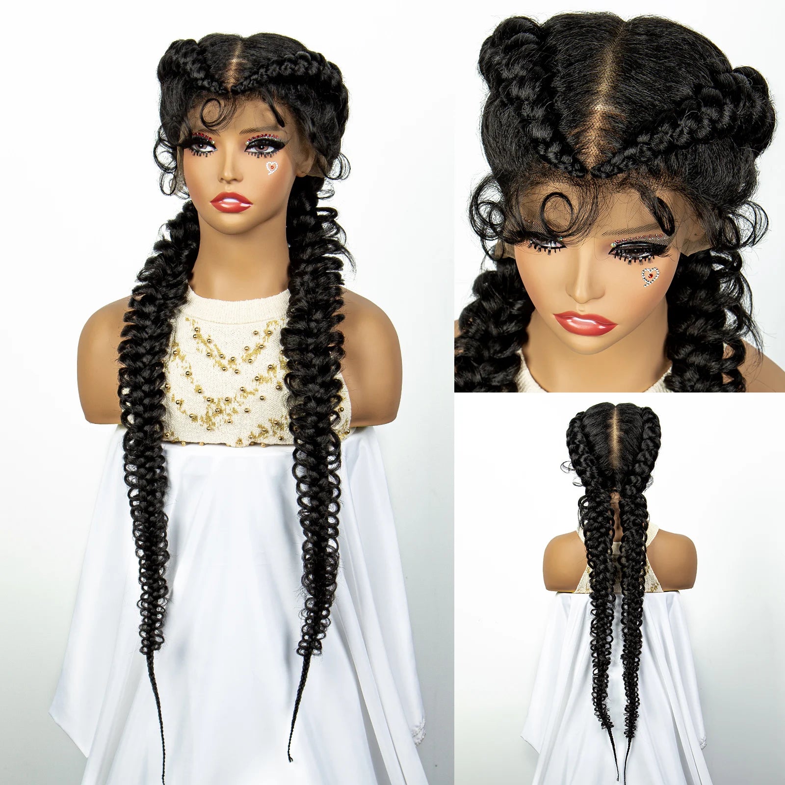 1B/30 Dark Brown Dutch Box Braids Wig | Synthetic Lace Frontal | Fishtail Braids | With Baby Hair | For Black Women