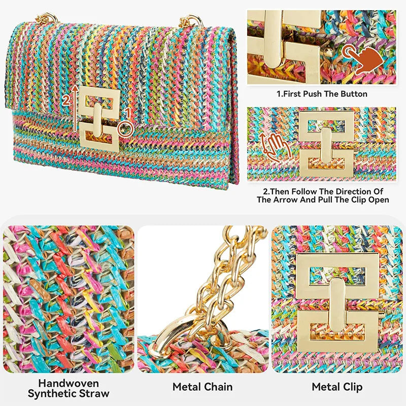Straw Envelope Evening Party Handbag | Women's Woven Clutch & Chain Crossbody Purse Luxegan