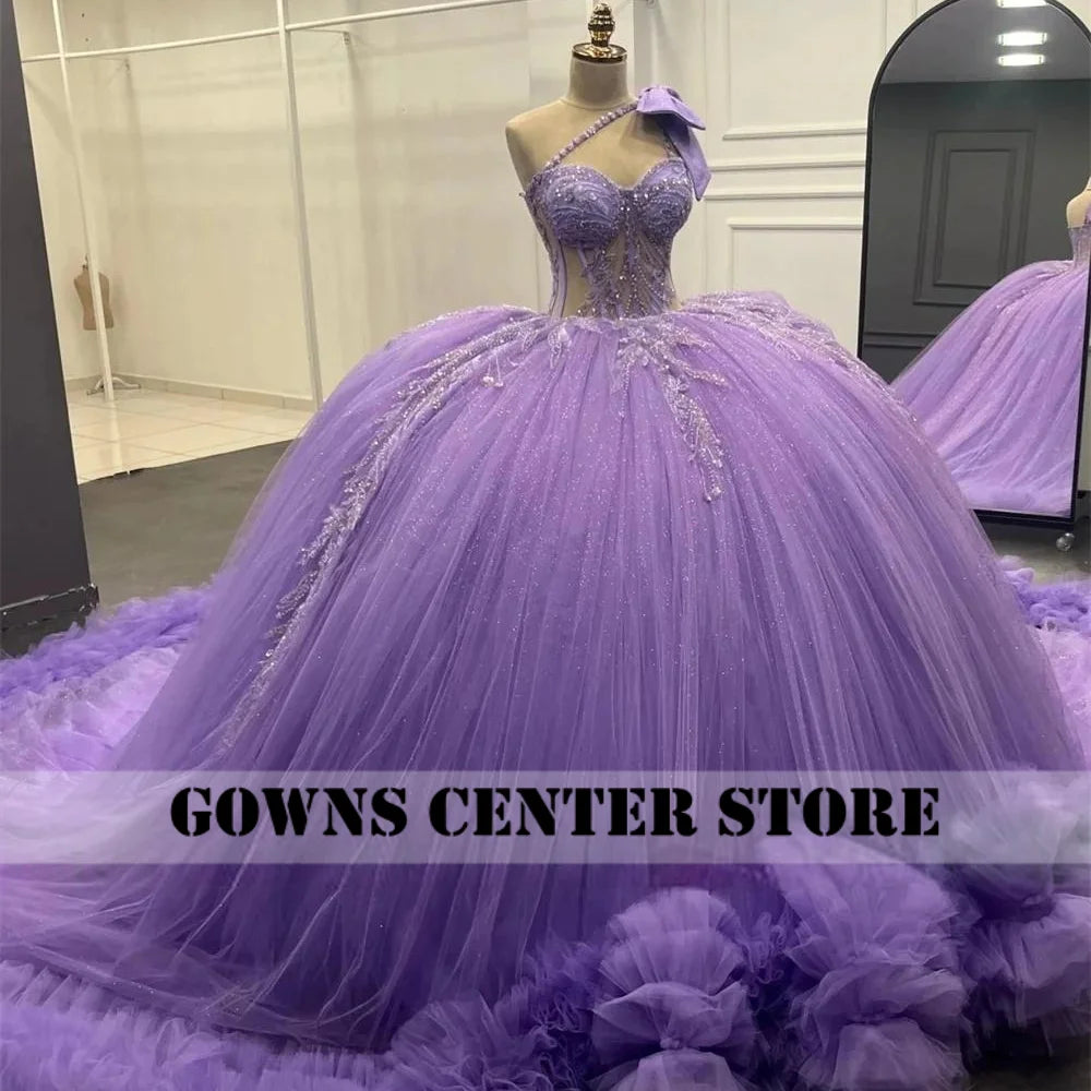 Red Puff Ruched Train Ball Gown Quinceanera Dress With Bow One Shoulder Beaded Appliques Sweet 15 Vestidos De 15 Años Customized